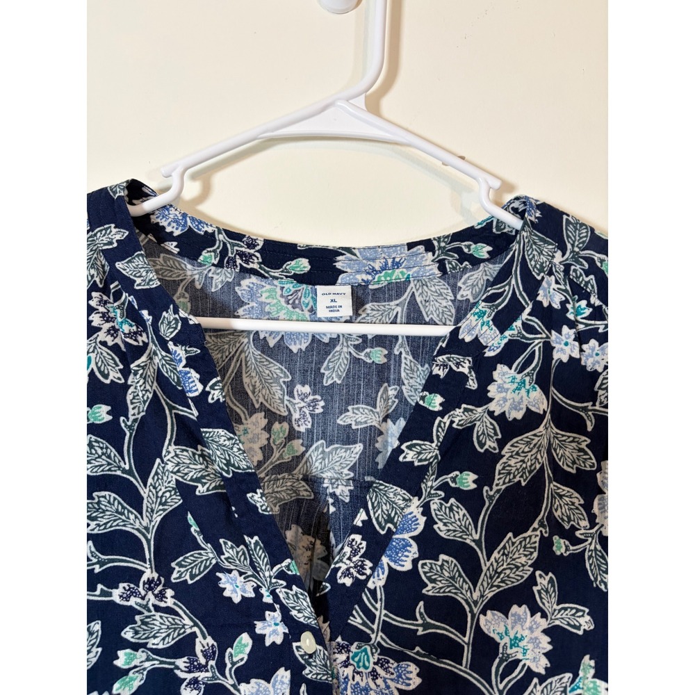 Old Navy Womens XL Navy Blue Floral Button Down Tunic Blouse Long Sleeve Cotton - Picture 3 of 6